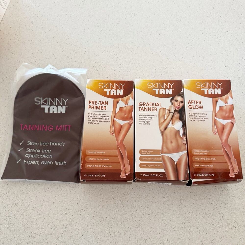 Skinny Tan 4 Pc Pre-Tan Primer, Gradual Tanner, After Glow, Mitt